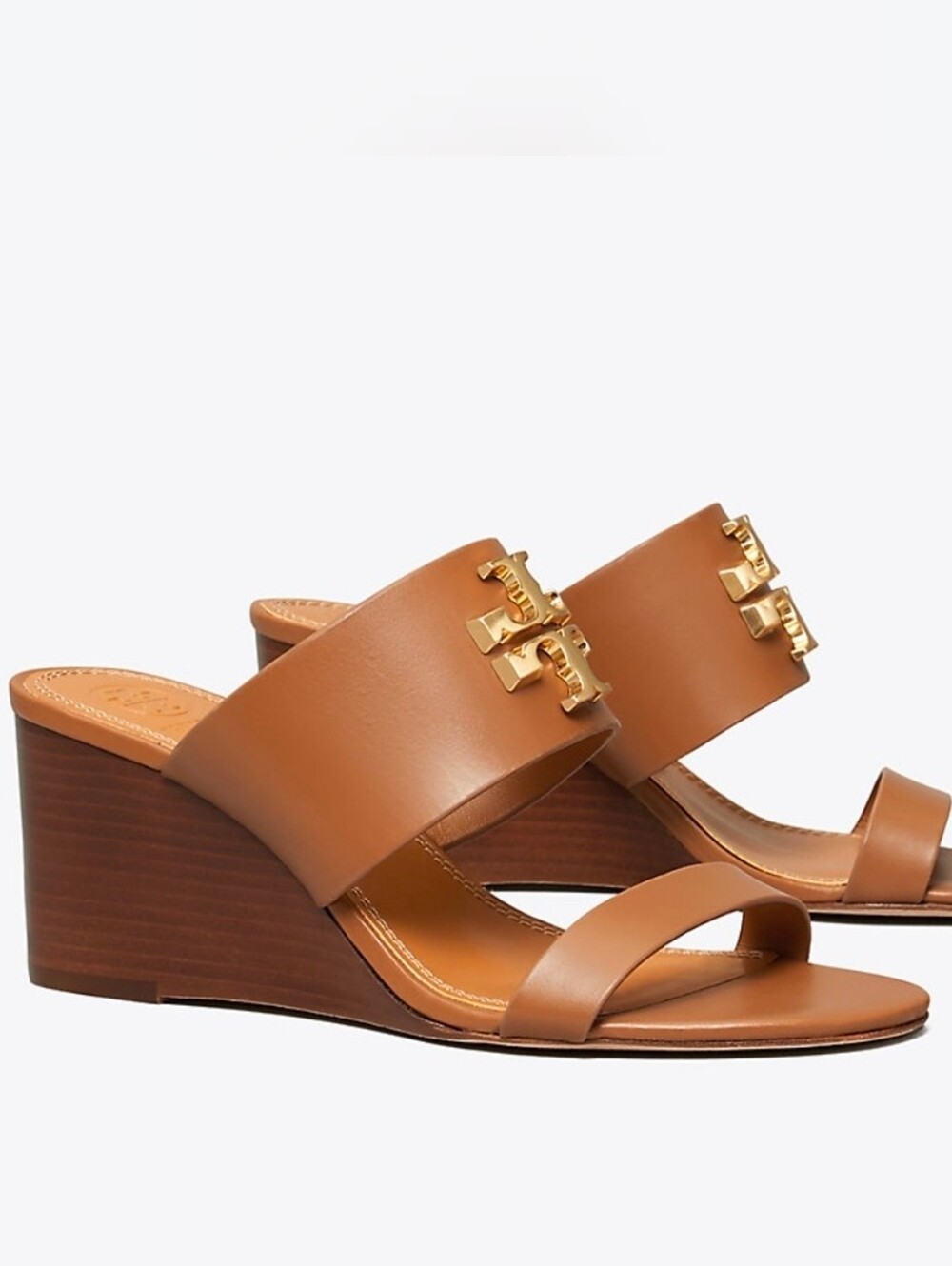 Tory Burch Everly Wedge Leather High Heel Brown Slide Sandals Sz 9 M Brown Gold
